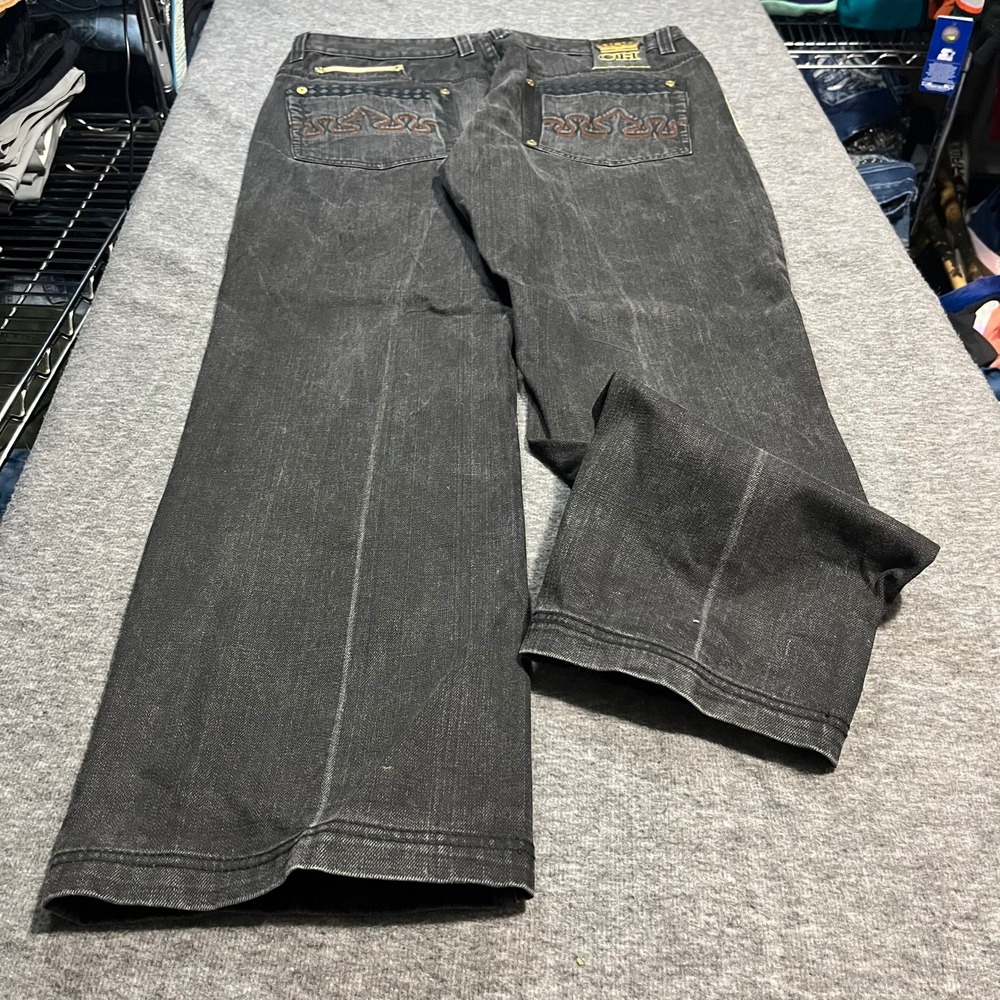 Crown Holder Mens 38x32 Baggy Wide Leg Jeans Faded Black Embroidered Y2K Grail